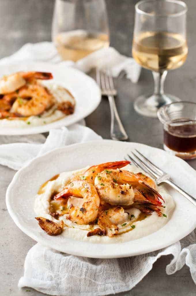 Garlic Brown Butter Shrimp (Prawns) on cauliflower puree