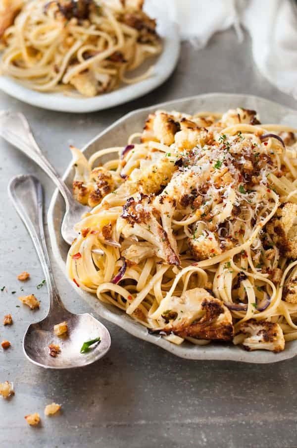 Garlic Butter Cauliflower Pasta with Pangritata toasted breadcrumbs on a plate, ready to be served.