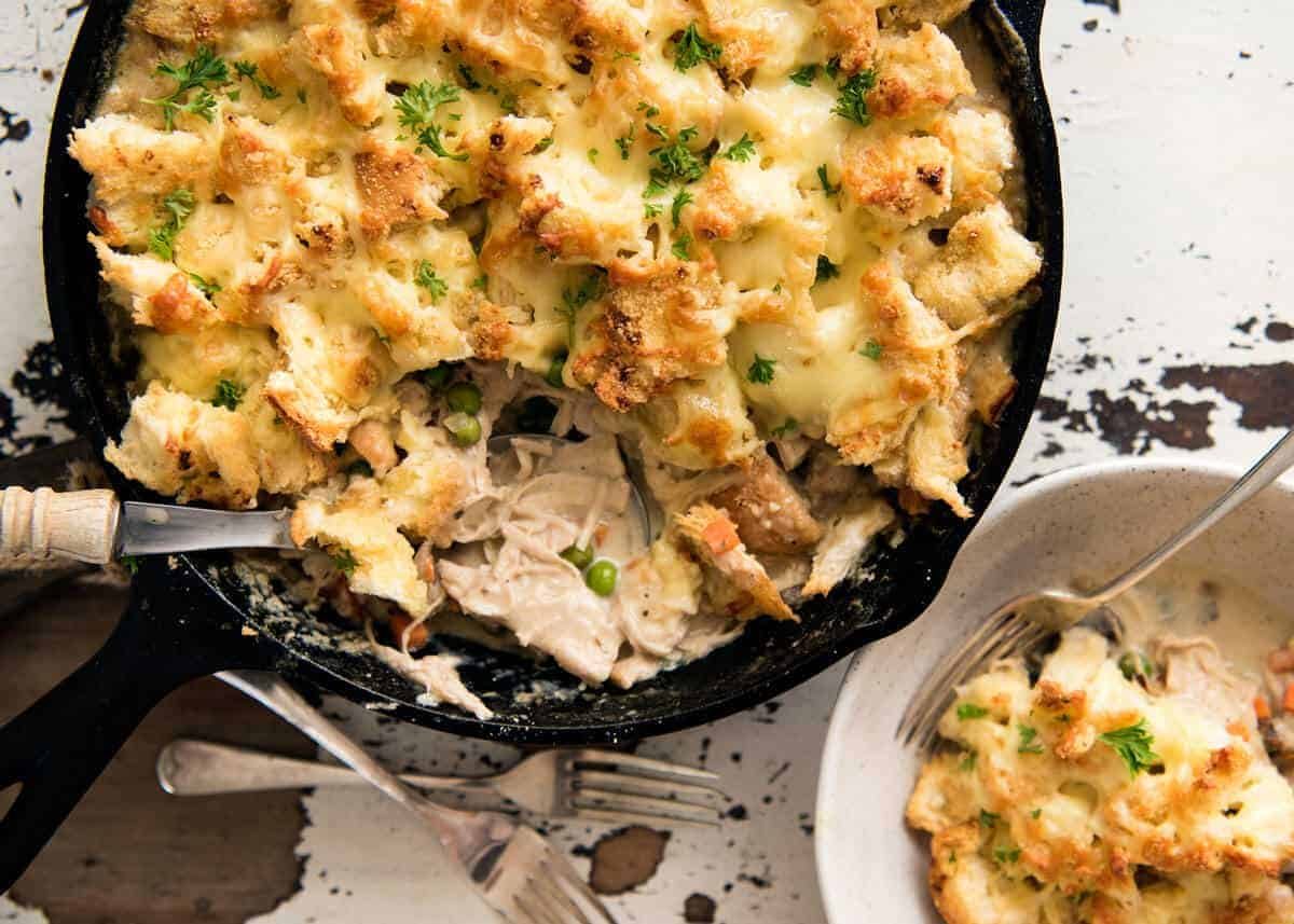 Leftover Turkey Pot Pie: Made with leftover turkey and topped with leftover bread transformed into a cheesy garlic bread topping! www.recipetineats.com