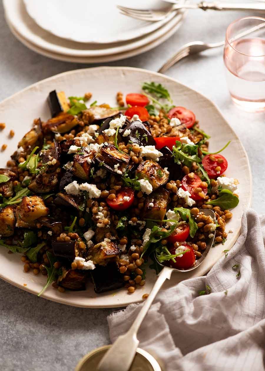 Platter of Roasted Eggplant Lentil Salad ready to be served